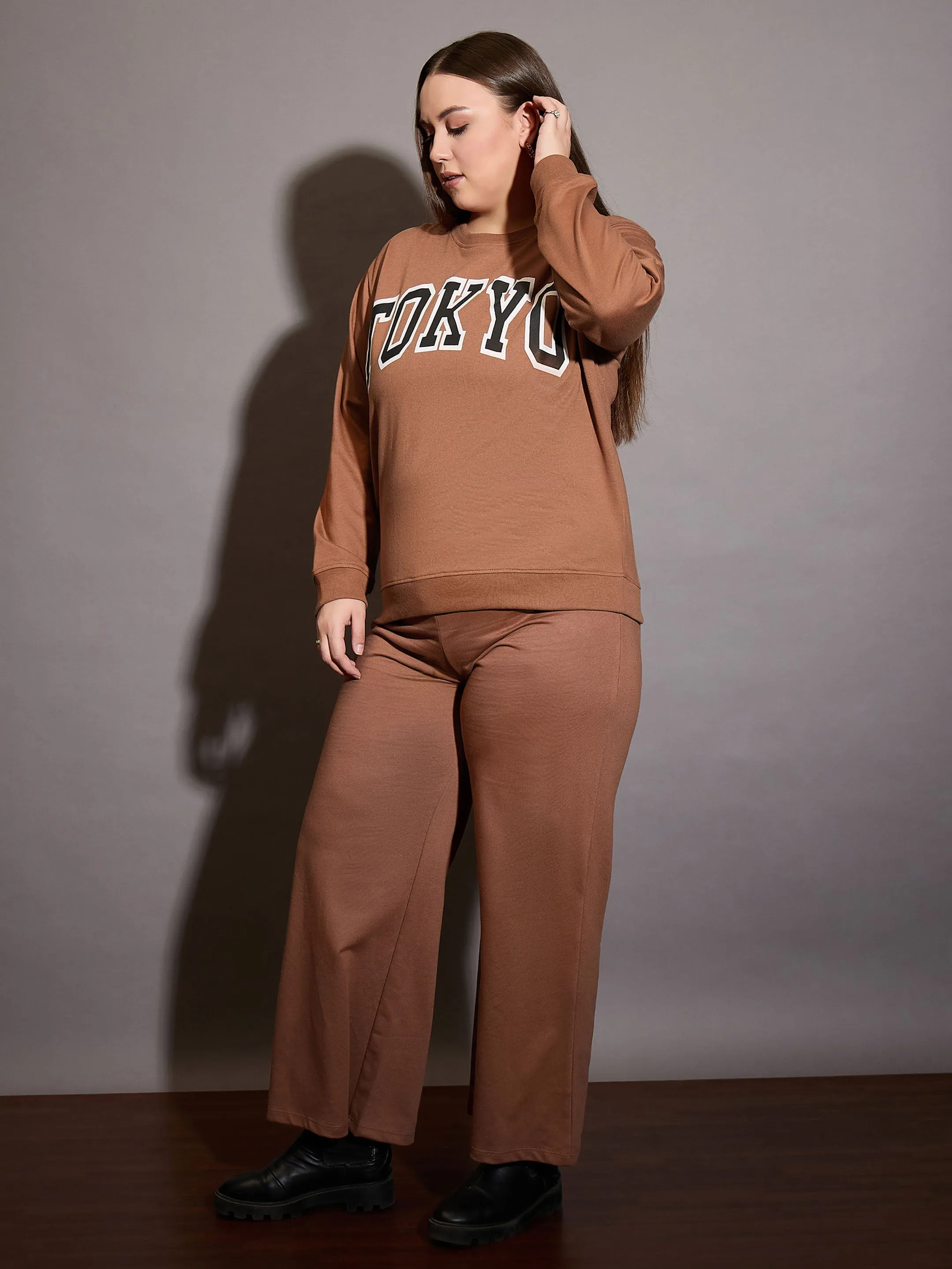 Women Brown Terry TOKYO Printed Sweatshirt with Track Pants