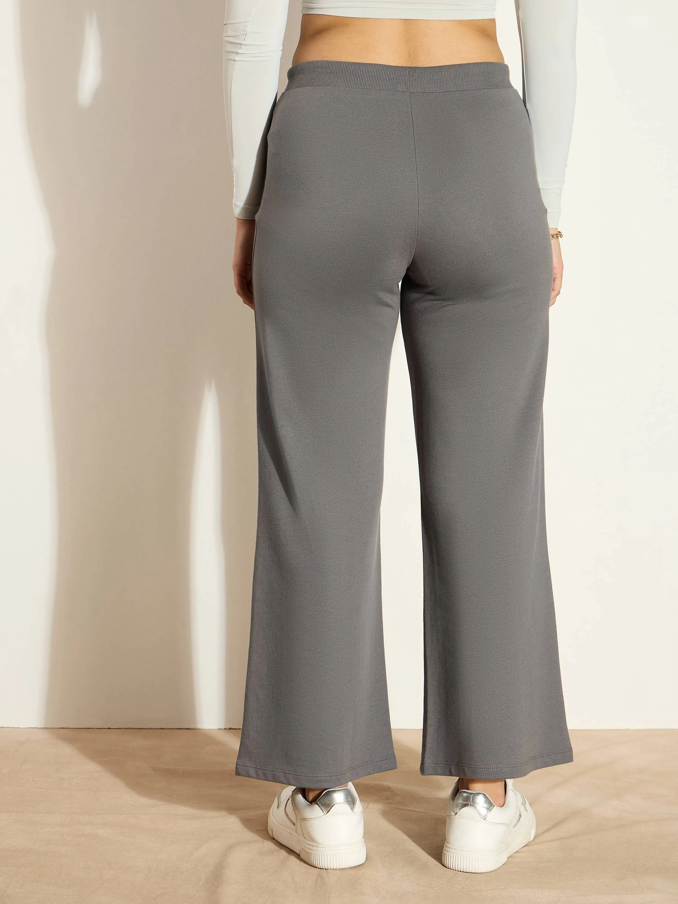 Women Dark Grey Terry Wide Leg Drawstring Pants