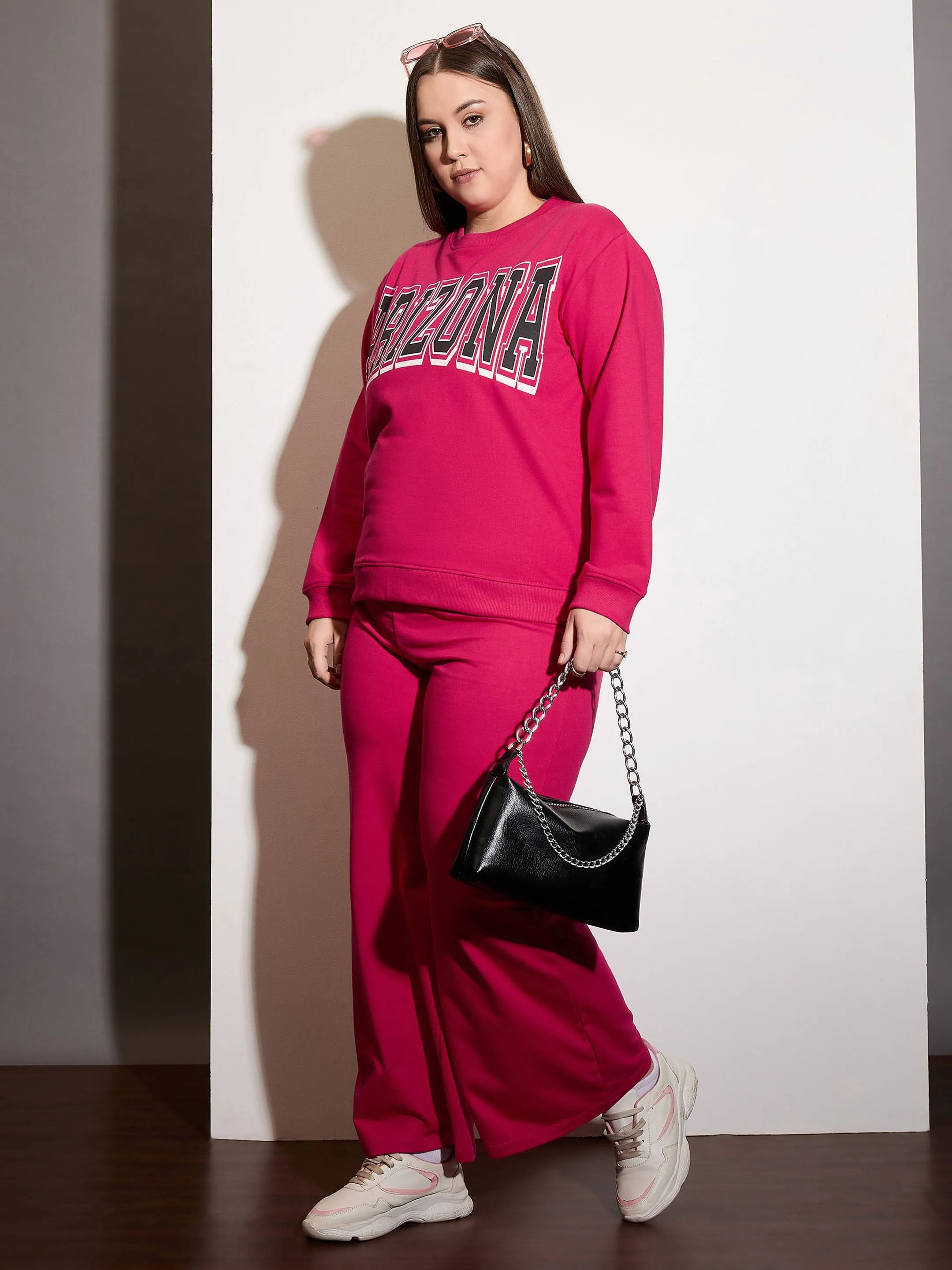 Women Fuchsia Terry ARIZONA Printed Sweatshirt with Track Pants