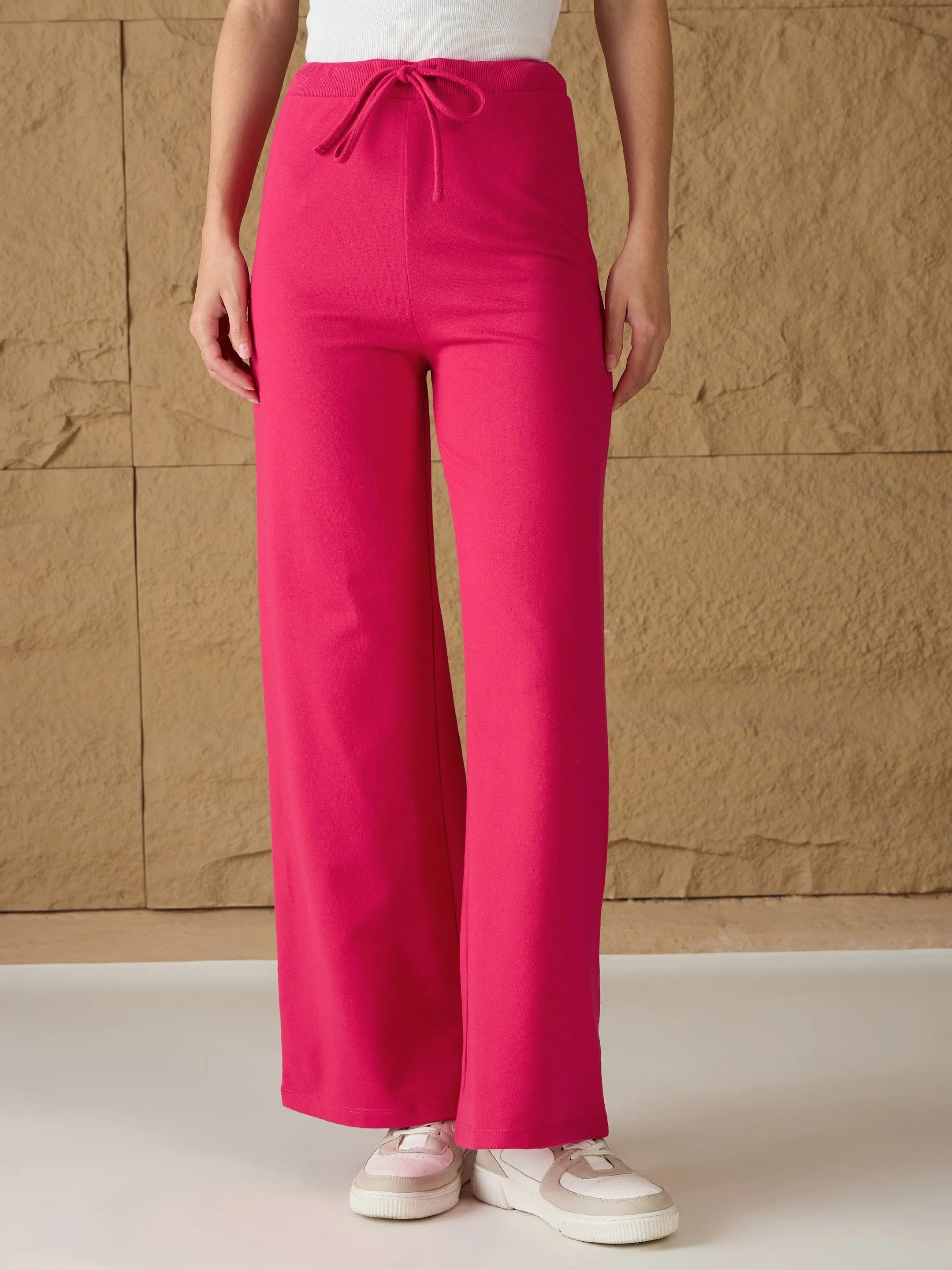 Women Fuchsia Terry Wide Leg Track Pants