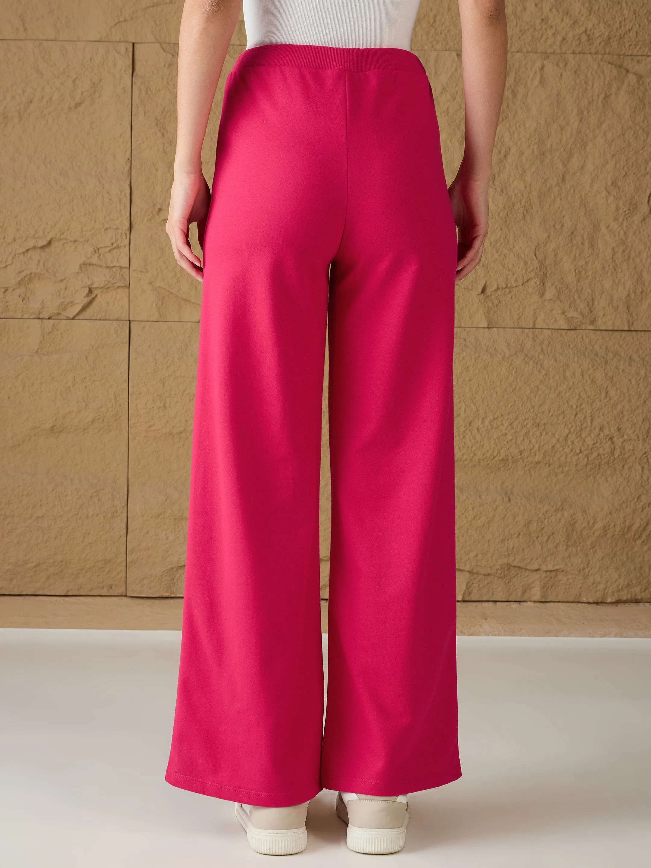 Women Fuchsia Terry Wide Leg Track Pants