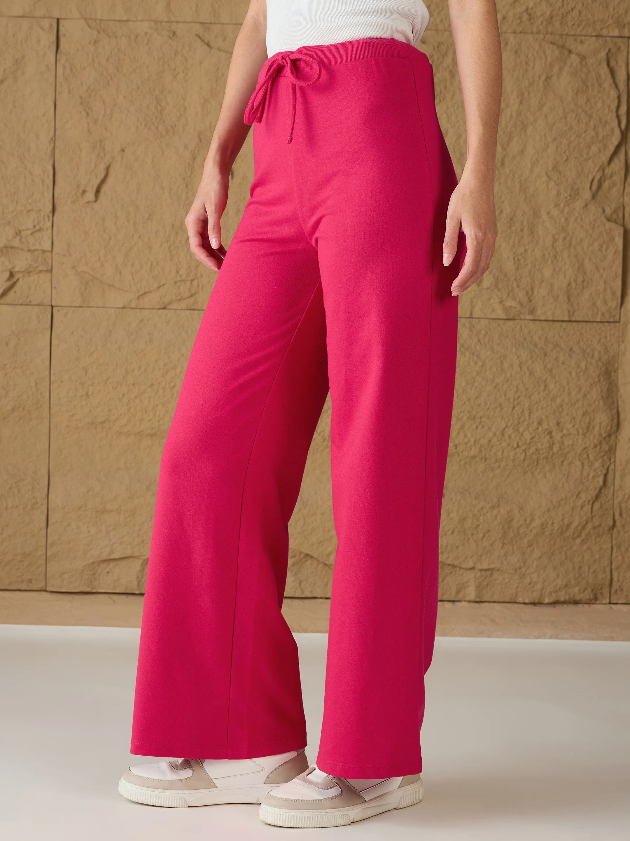 Women Fuchsia Terry Wide Leg Track Pants