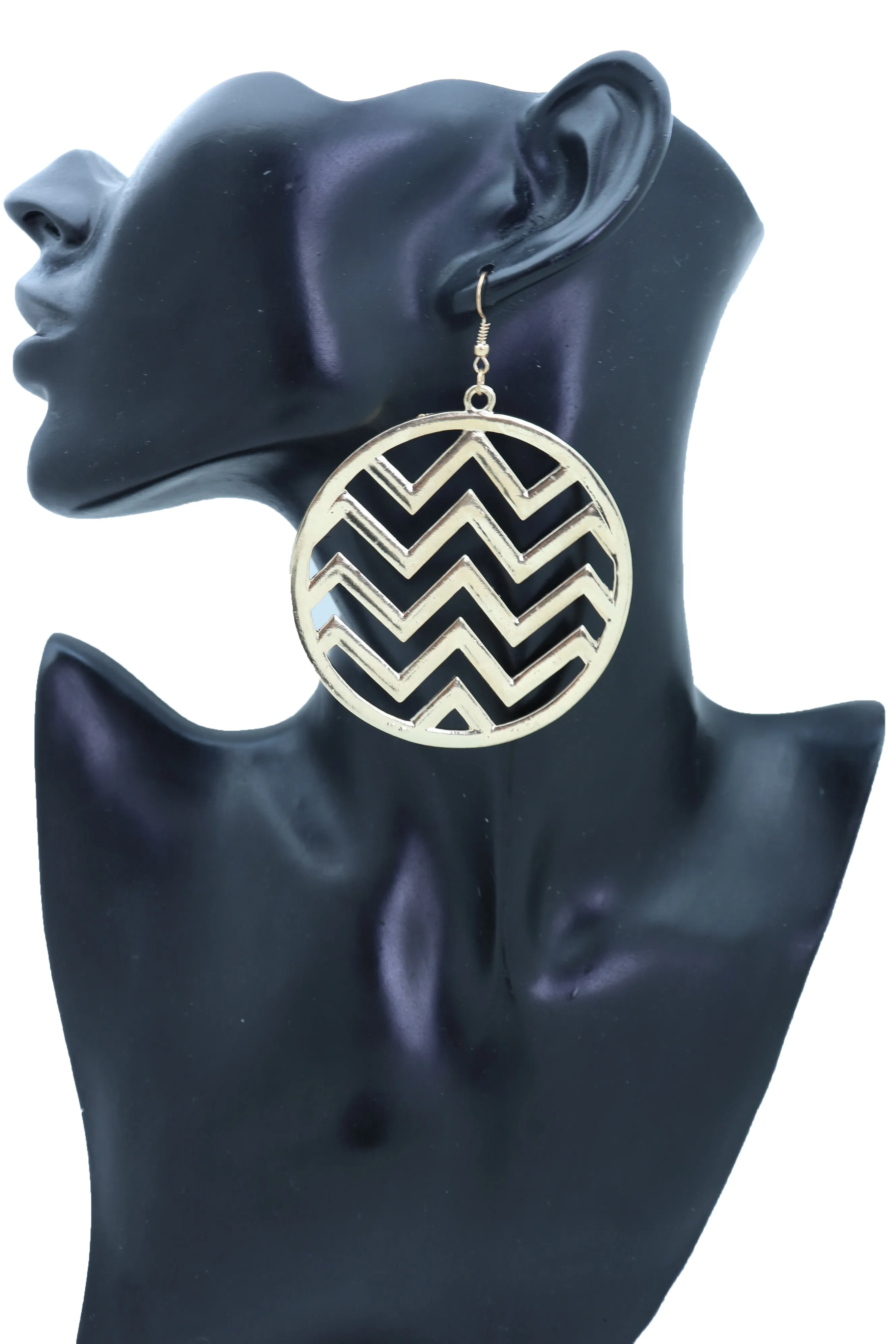 Women Geometric Round Earrings Set Fashion Gold Color Metal Chevron Hoop Jewelry