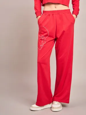 Women Red Terry Line Art Track Pants
