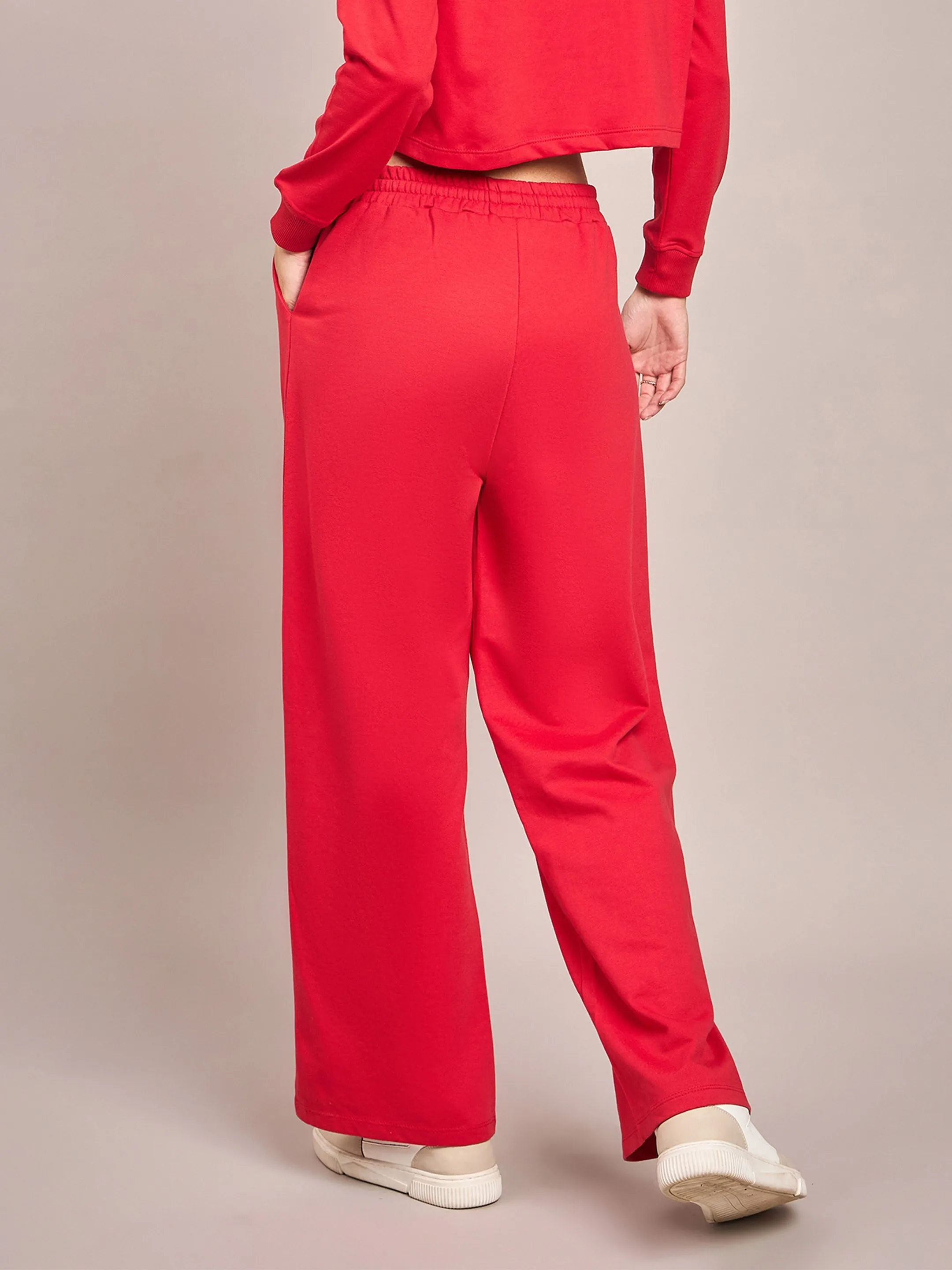 Women Red Terry Line Art Track Pants