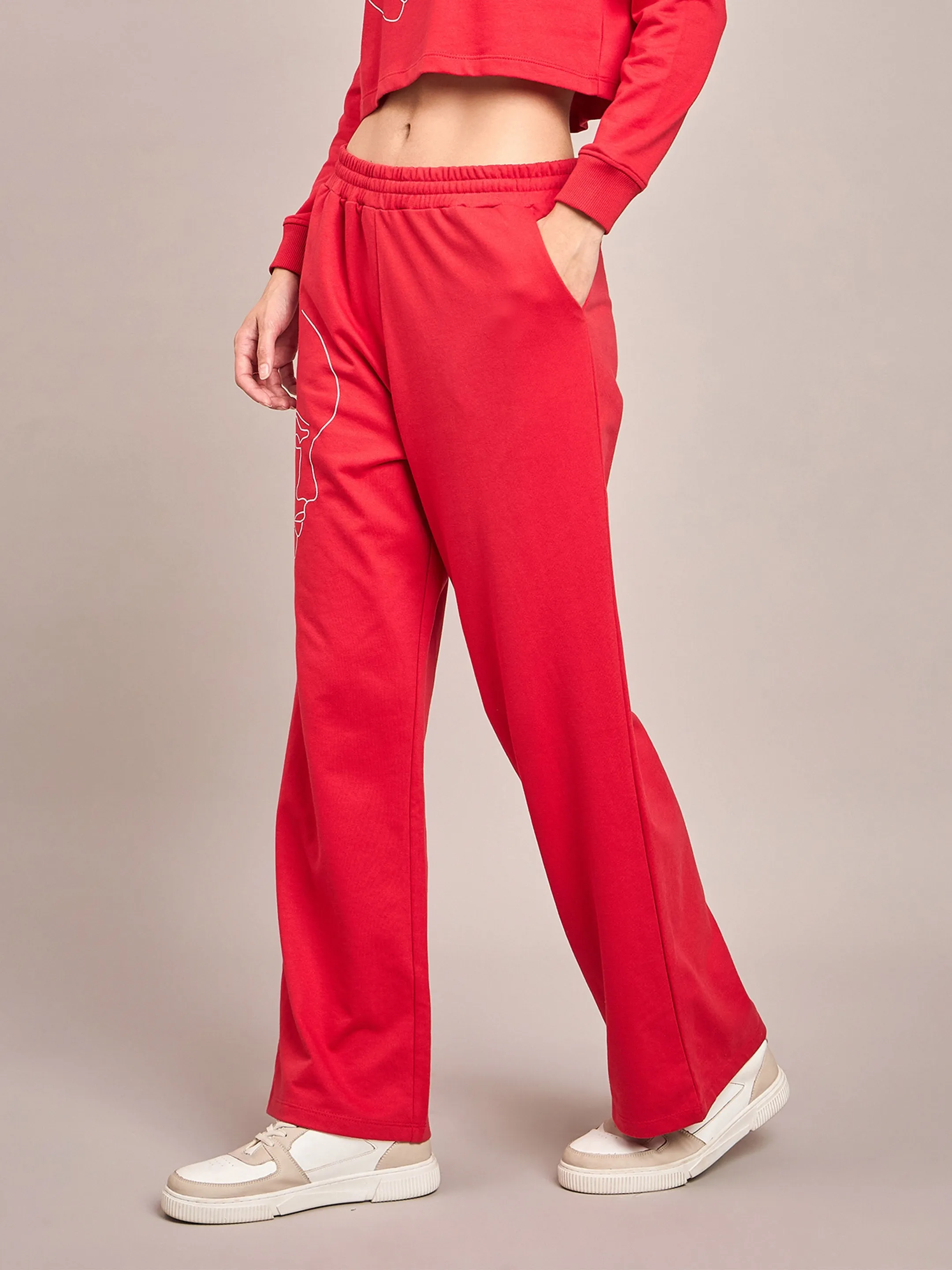 Women Red Terry Line Art Track Pants
