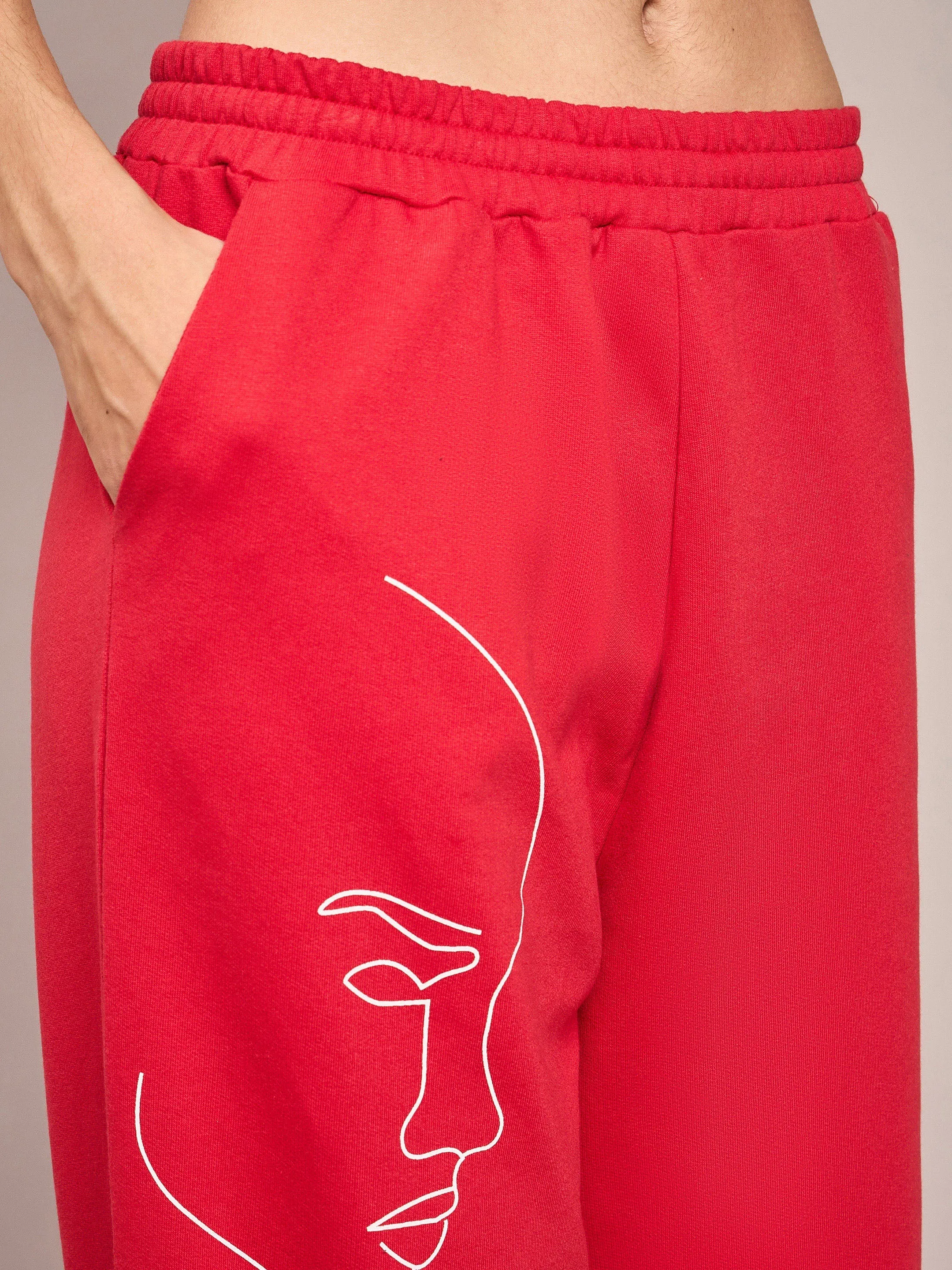 Women Red Terry Line Art Track Pants