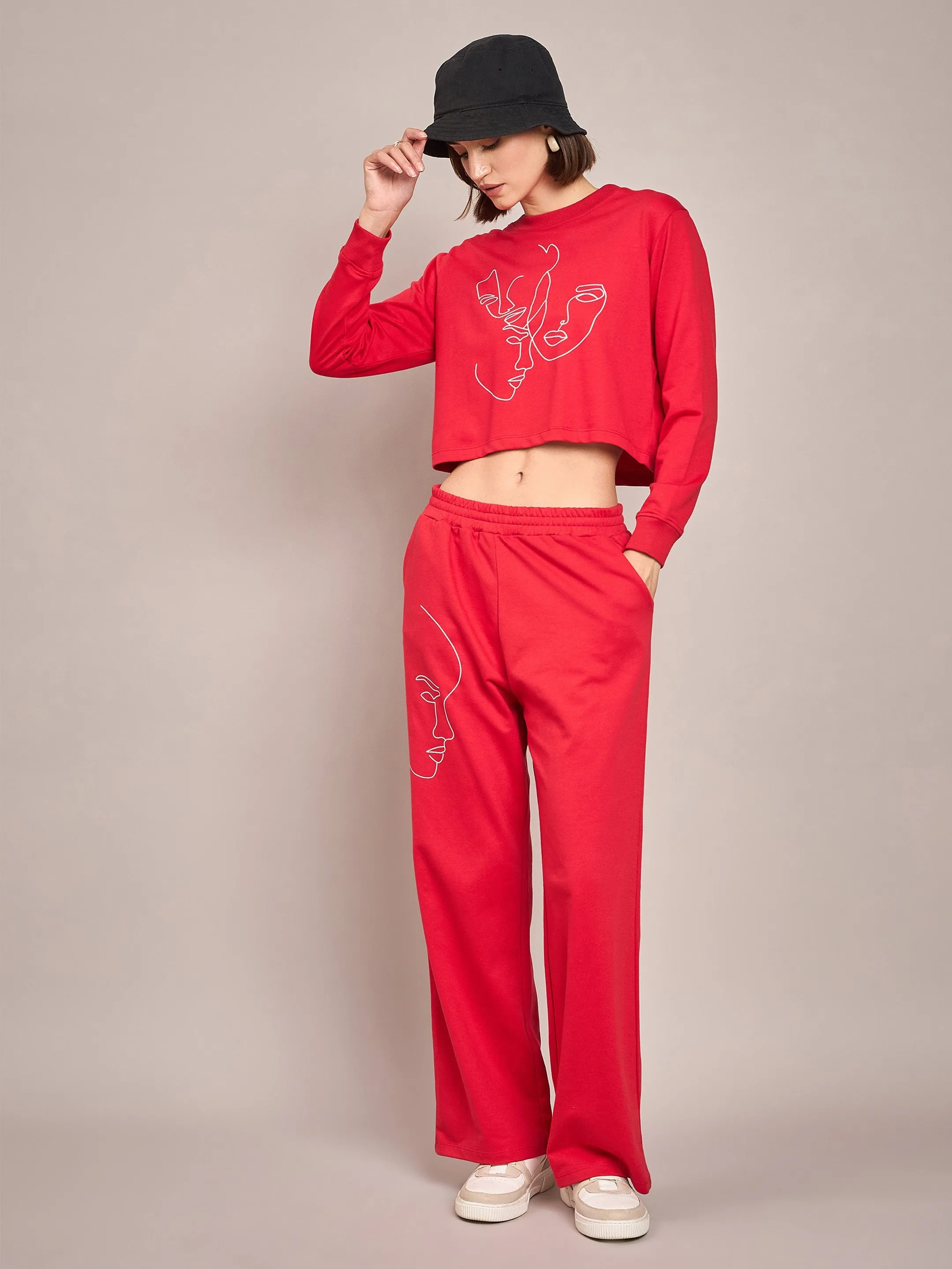 Women Red Terry Line Art Track Pants