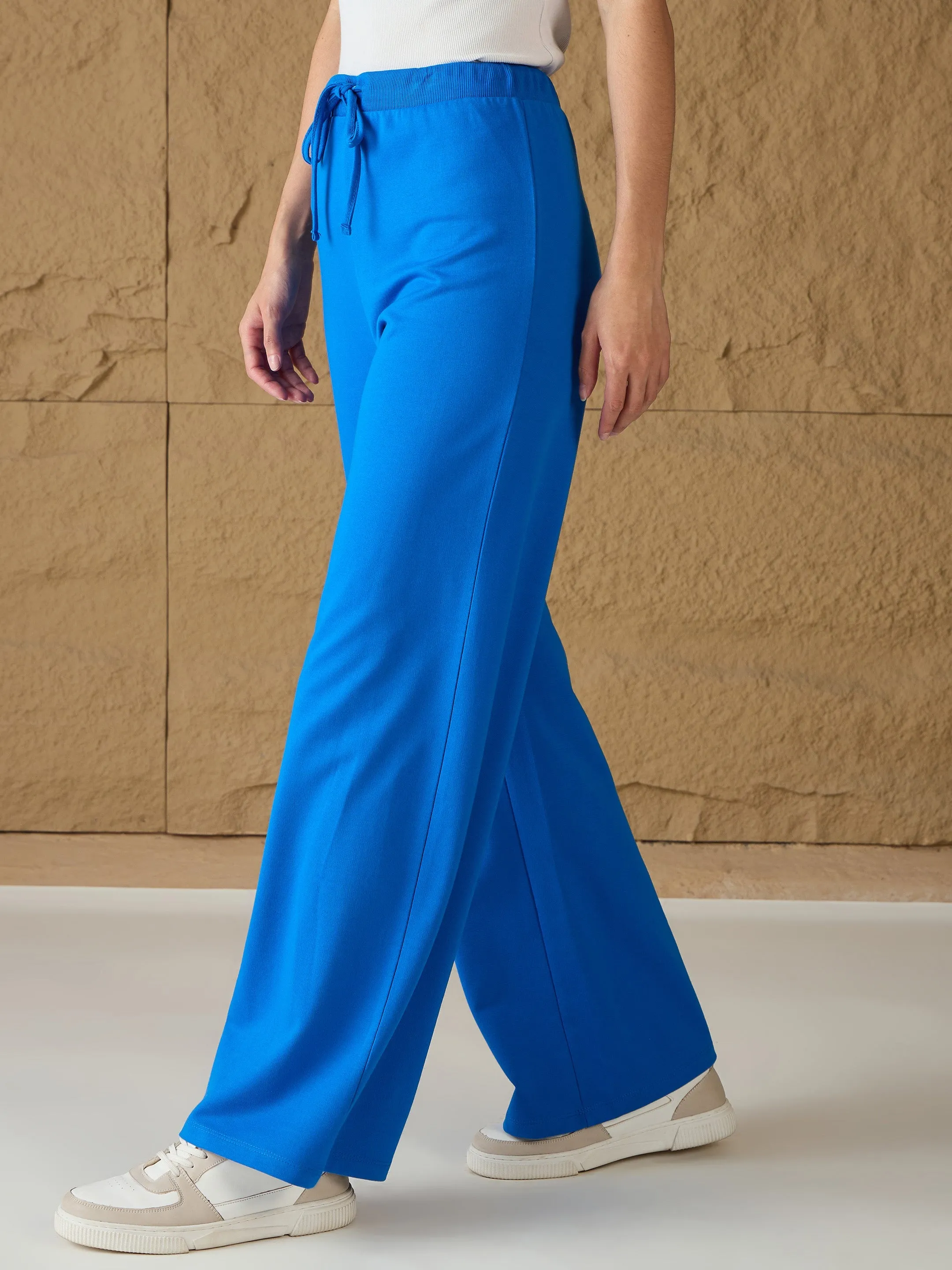 Women Royal Blue Terry Wide Leg Track Pants