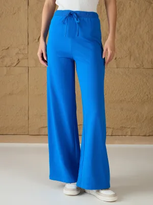 Women Royal Blue Terry Wide Leg Track Pants