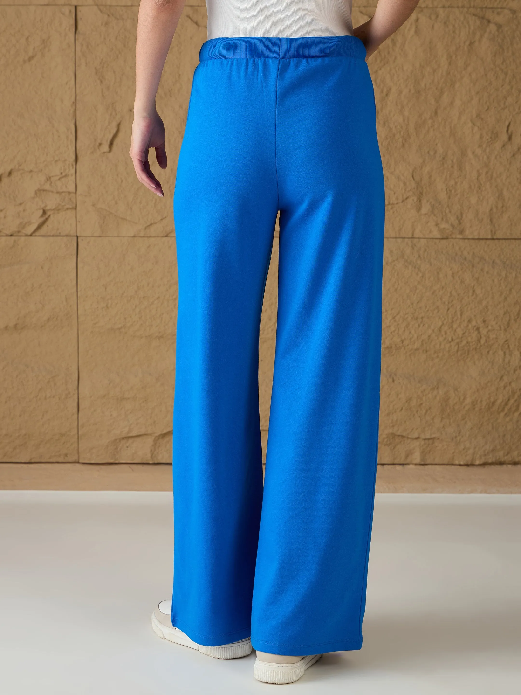 Women Royal Blue Terry Wide Leg Track Pants