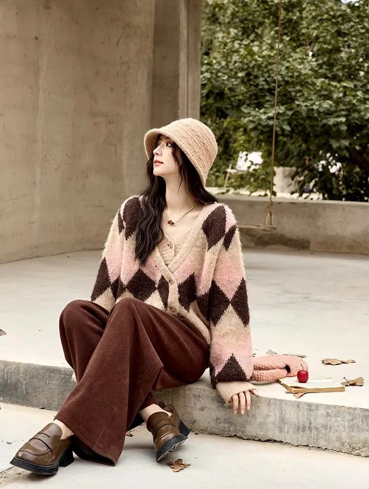 Women's Plaid Tweed V-Neck Cardigan Sweater - Fake Two-Piece Knitted Fall & Winter Sweater