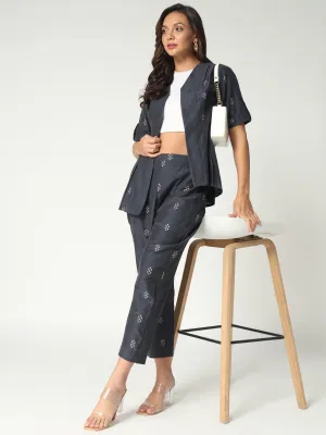 Women's Printed Front Open Top With Matching Pant Set